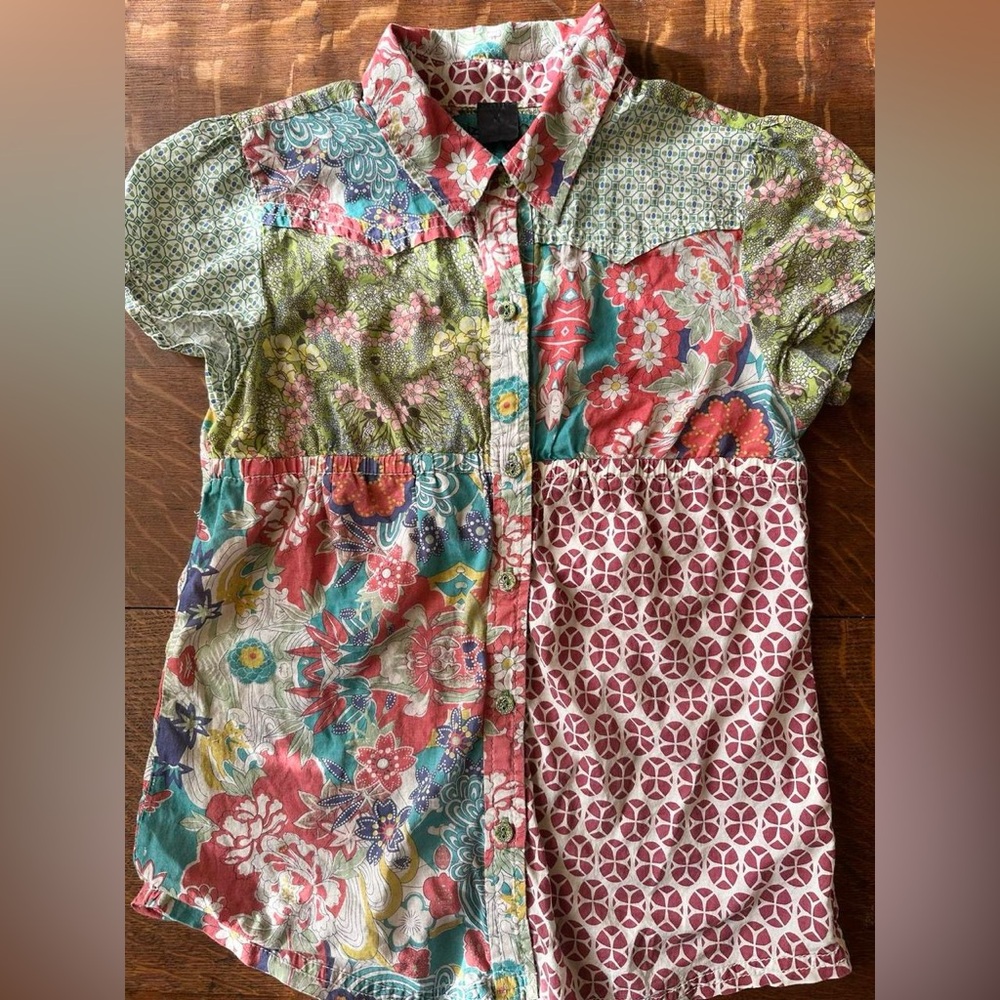 Colorful Bohemian Patchwork Button Down Blouse Sh… - image 3